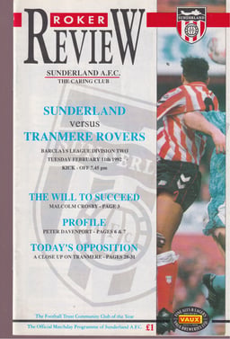 Sunderland v Tranmere Rovers Match Programme 1992-02-11